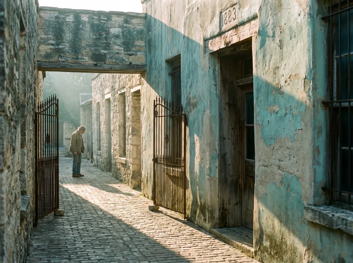 A cobbled side street with iron gates and weathered blue plaster, an old man pausing in the morning light