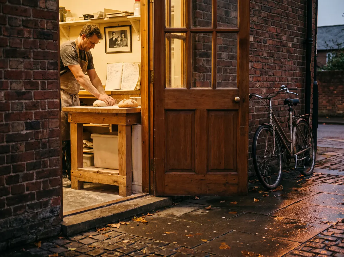 A baker shaping loaves at his workbench, seen through the open door of a brick bakery at dusk