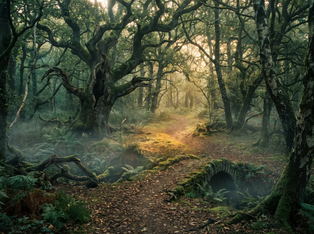 A misty woodland path winding past ancient twisted oaks and a mossy stone bridge