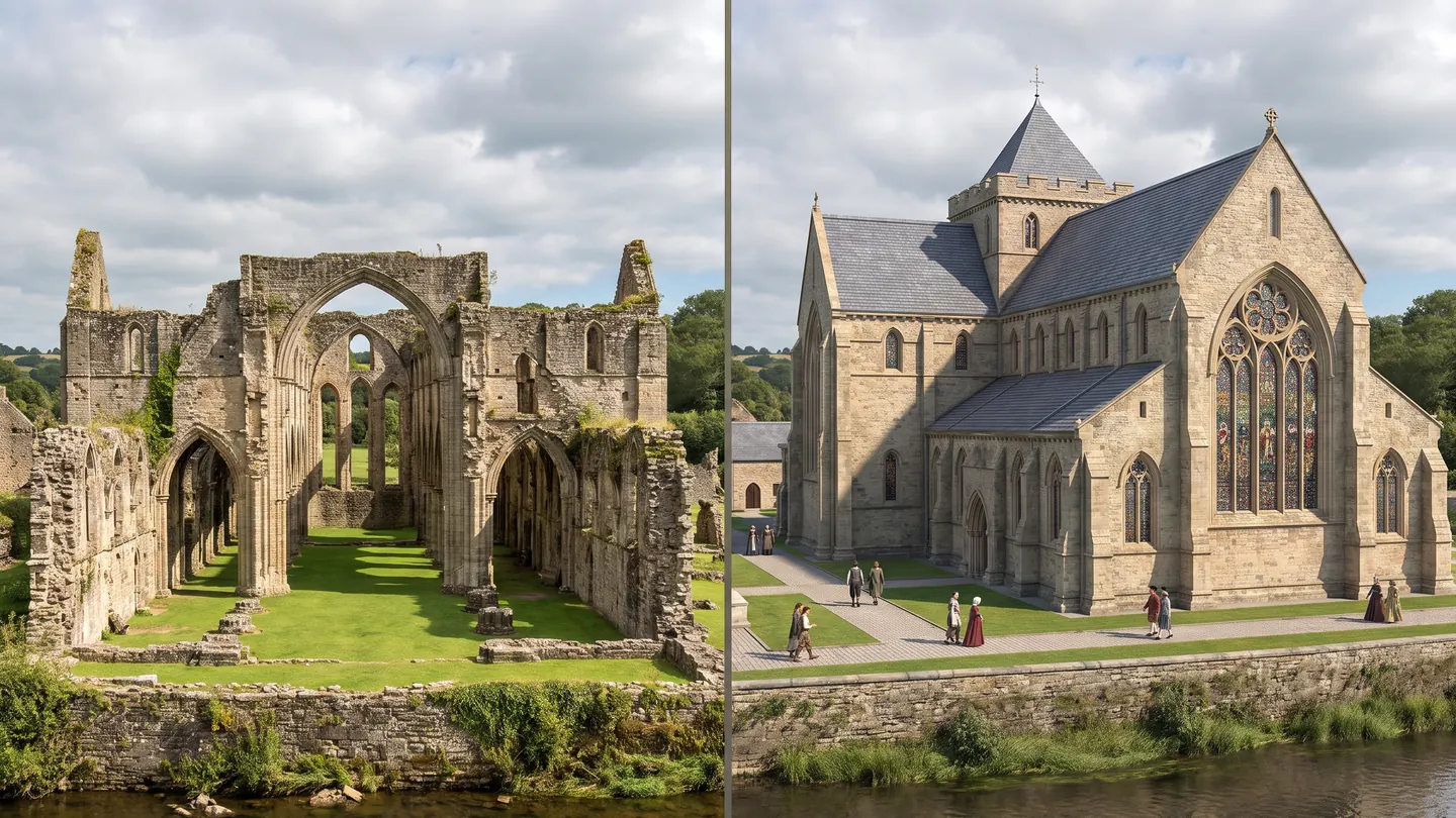 A ruined abbey beside a river, set beside a 3D reconstruction of the complete church with visitors in period dress